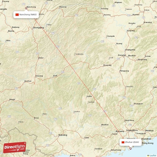 Zhuhai - Nanchong direct flight map