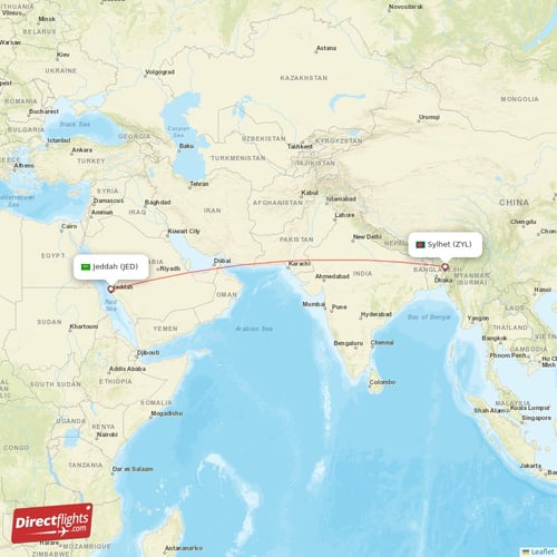 Sylhet - Jeddah direct flight map