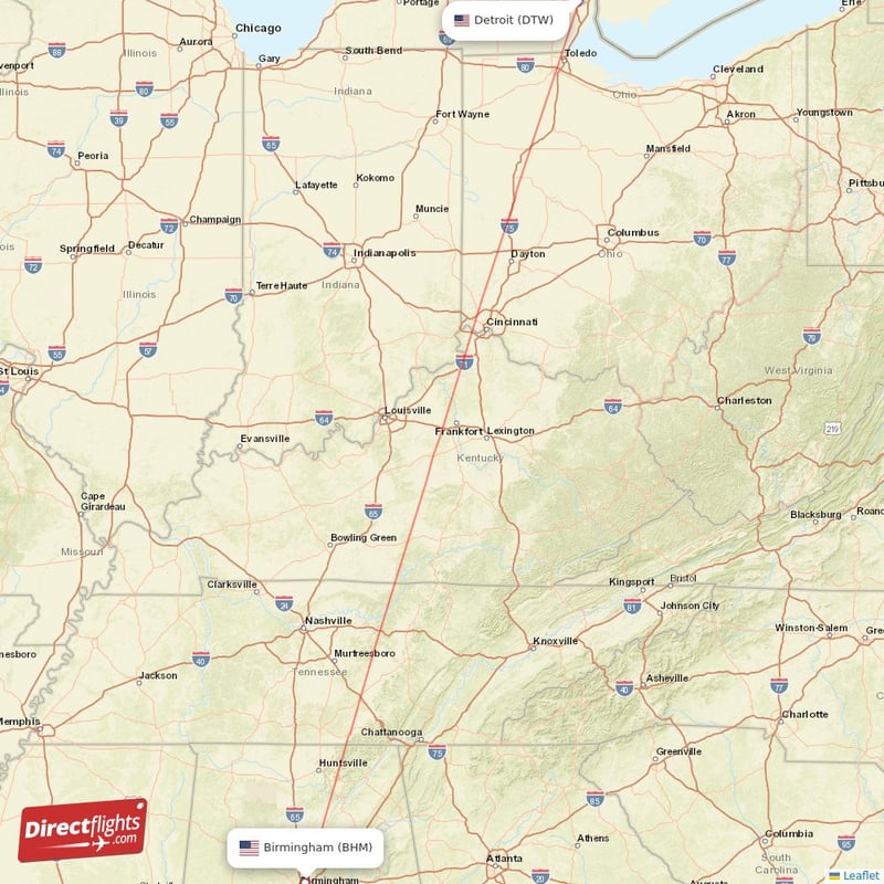 BHM - DTW route map