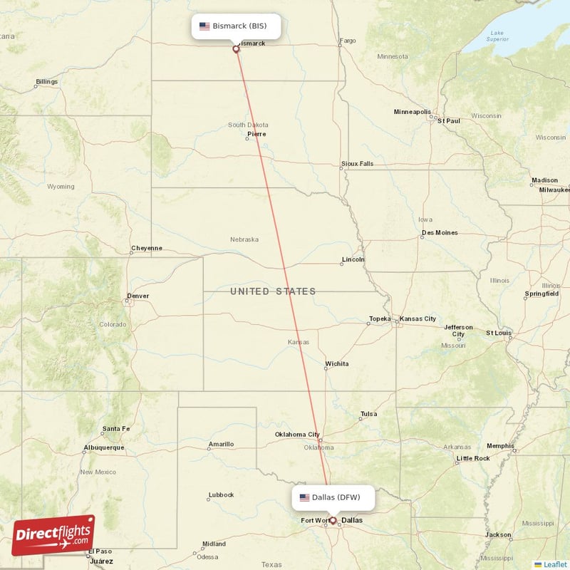 BIS - DFW route map