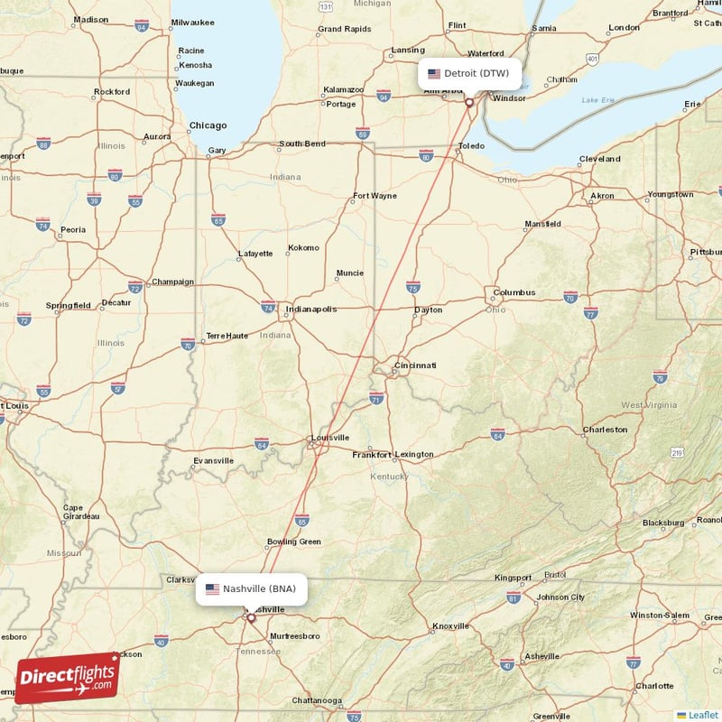 BNA - DTW route map