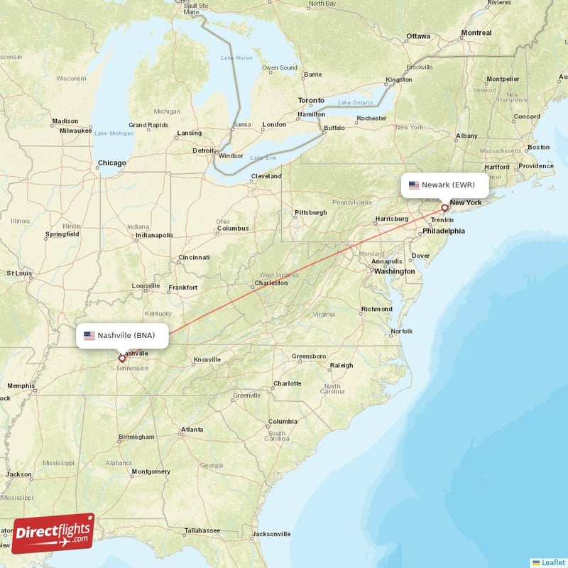 BNA - EWR route map