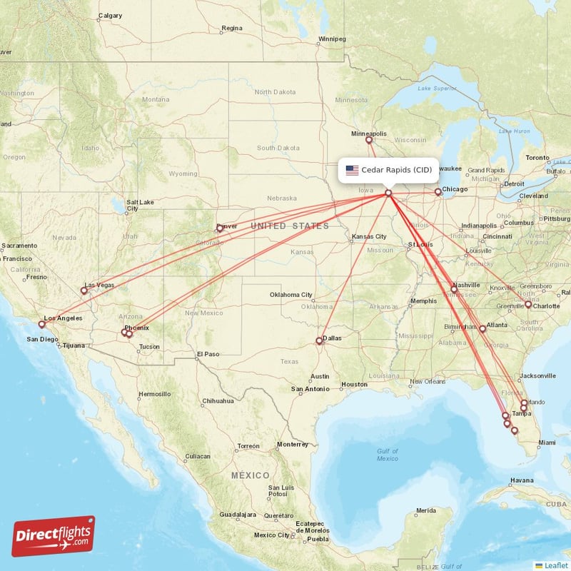 Direct flights from Cedar Rapids - 16 destinations - CID, USA ...