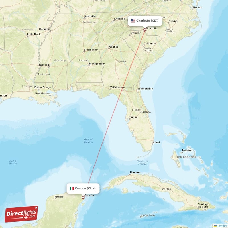 CUN - CLT route map