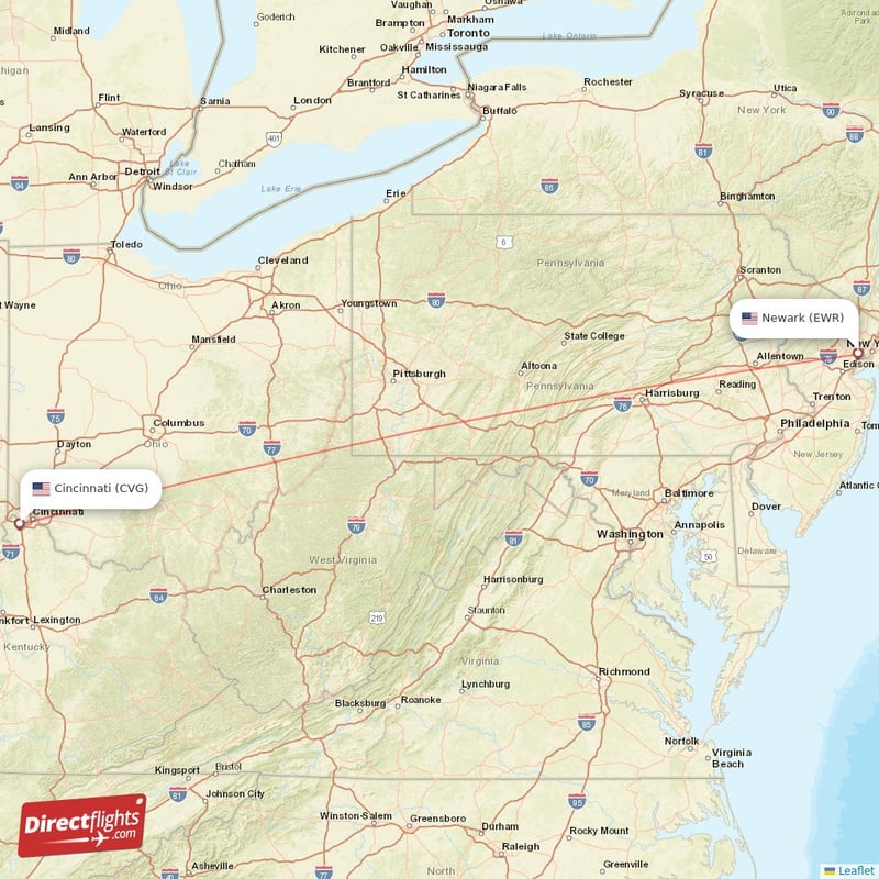 CVG - EWR route map