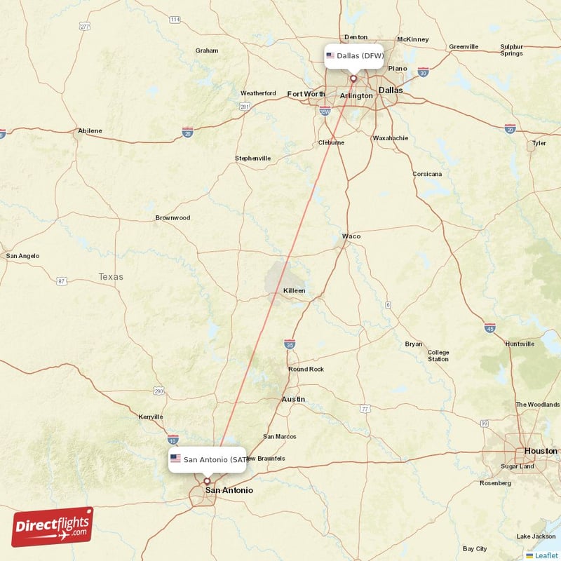 DFW - SAT route map
