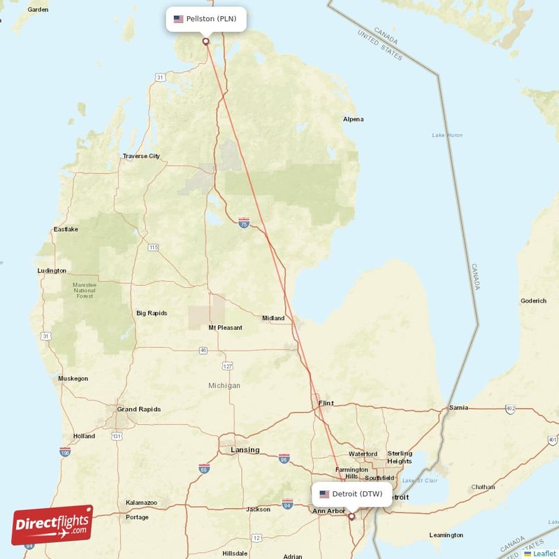 DTW - PLN route map