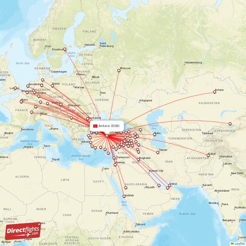 Direct flights from Ankara - 81 destinations - ESB, Turkiye ...