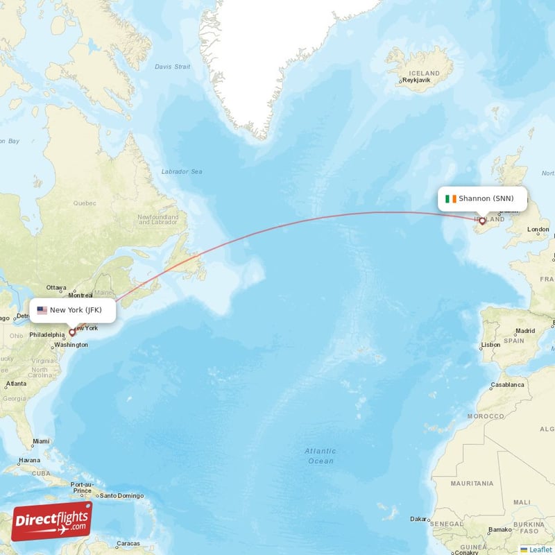 JFK - SNN route map