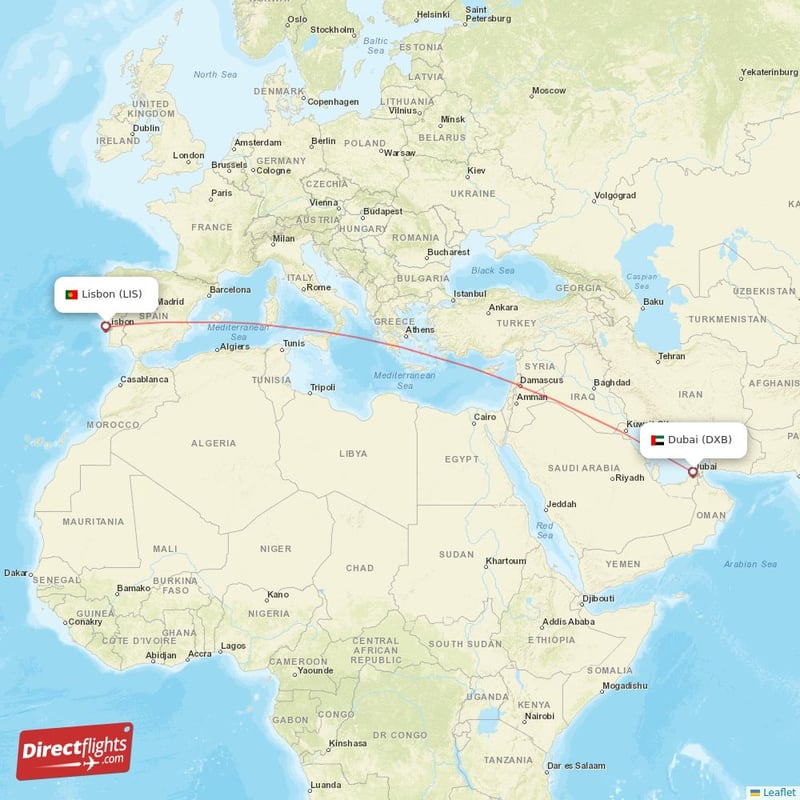 LIS - DXB route map