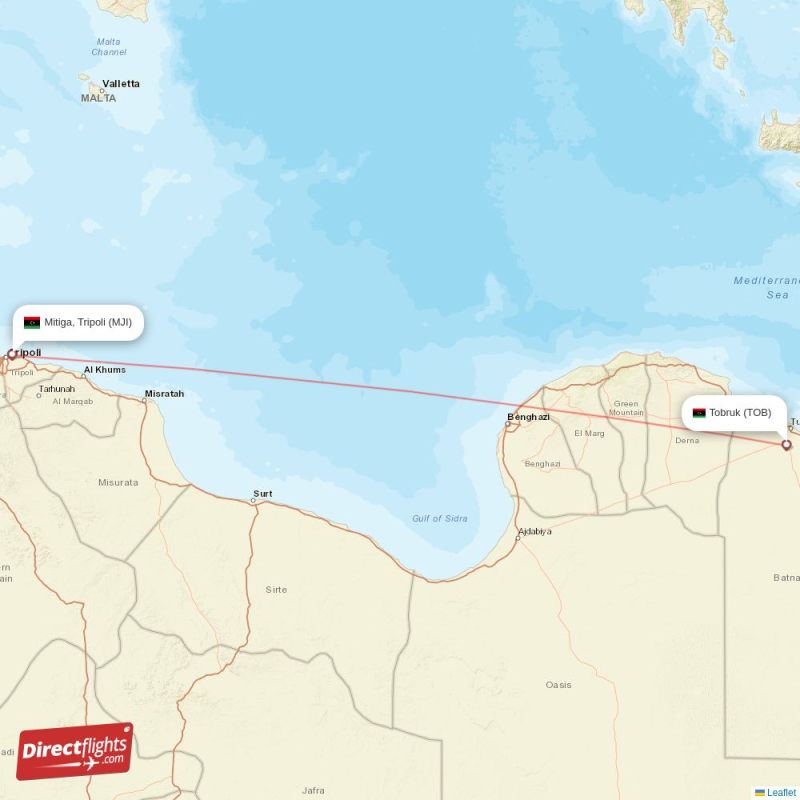 Tob Map Direct flights from Mitiga, Tripoli to Tobruk (MJI-TOB) - Directflights.com