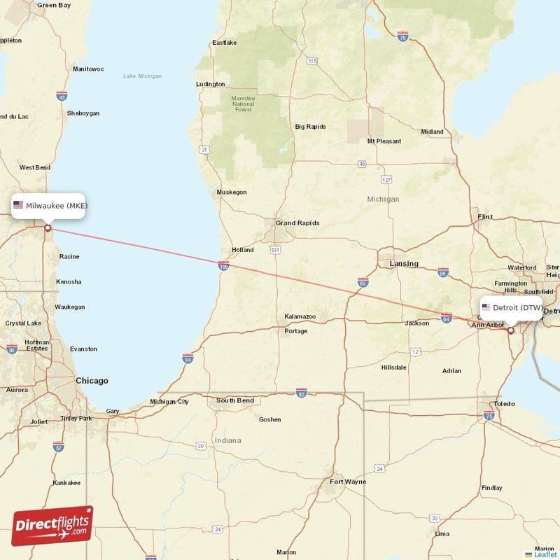 MKE - DTW route map