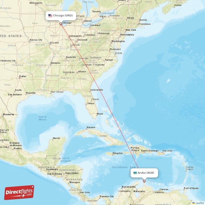 ORD - AUA route map