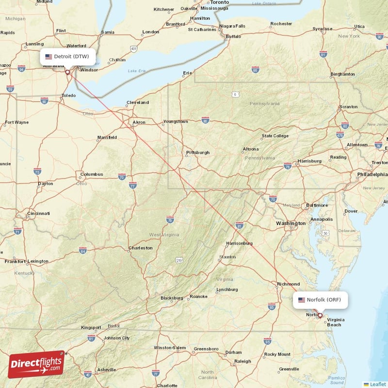 ORF - DTW route map