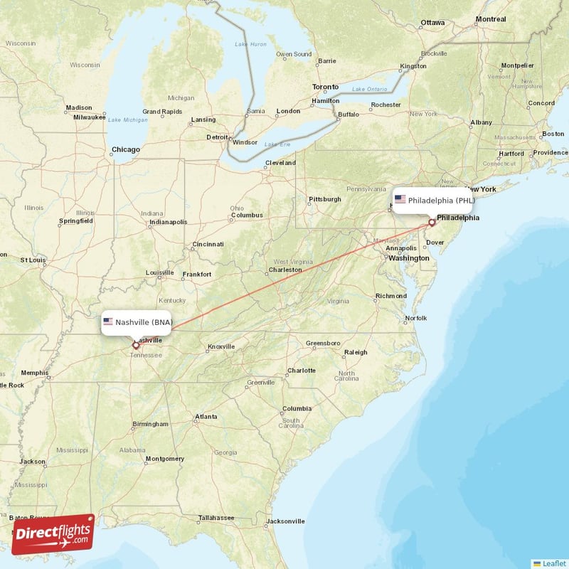PHL - BNA route map