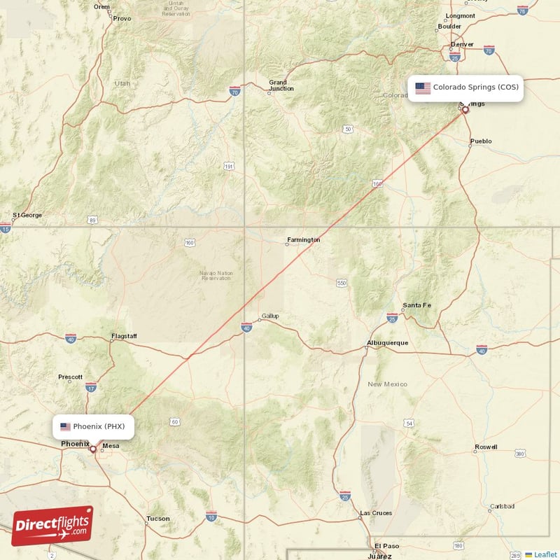 Direct flights from Phoenix to Colorado Springs PHX to COS non