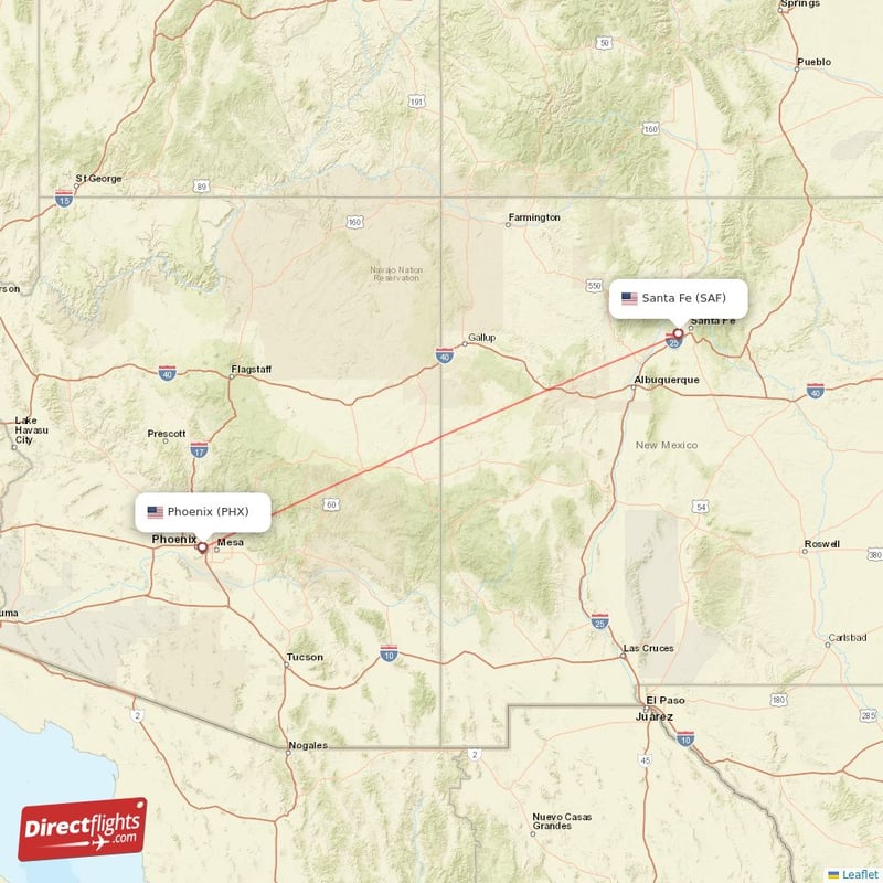 PHX - SAF route map