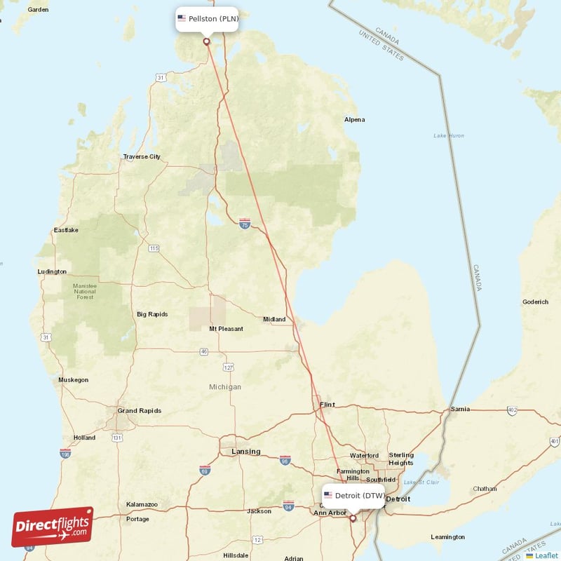 PLN - DTW route map