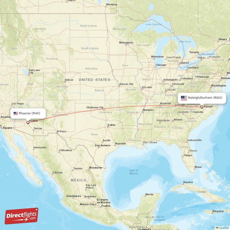 RDU - PHX route map