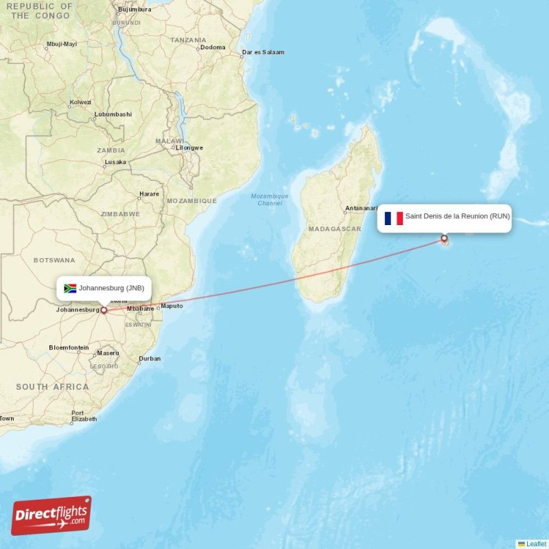 Direct flights from Saint Denis de la Reunion to Johannesburg, RUN to