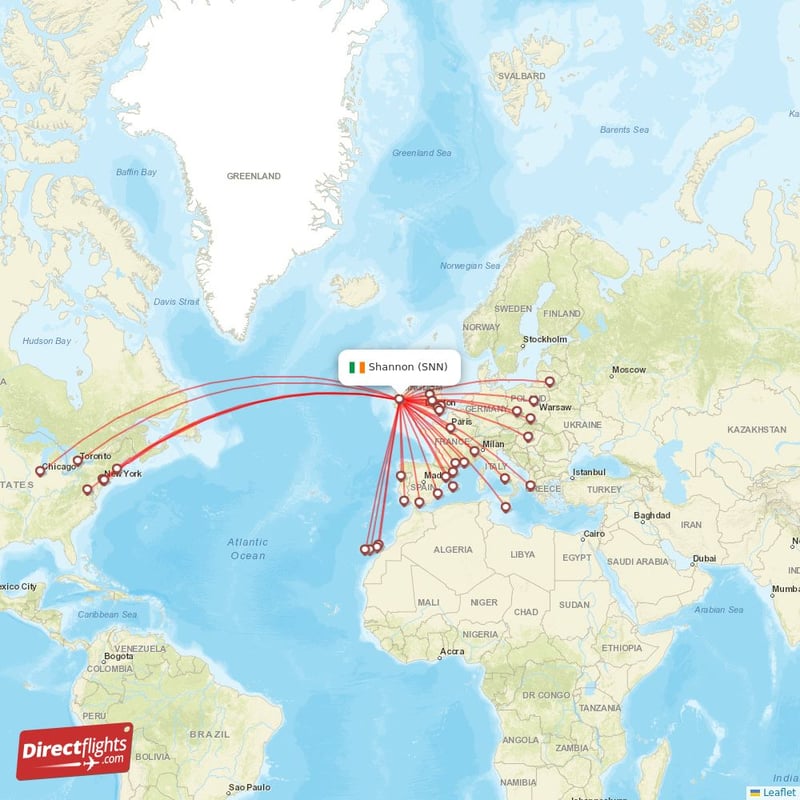 Direct flights from Shannon - 32 destinations - SNN, Ireland ...