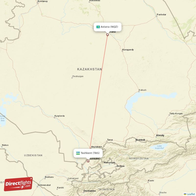Direct flights from Tashkent to Astana, TAS to NQZ non-stop