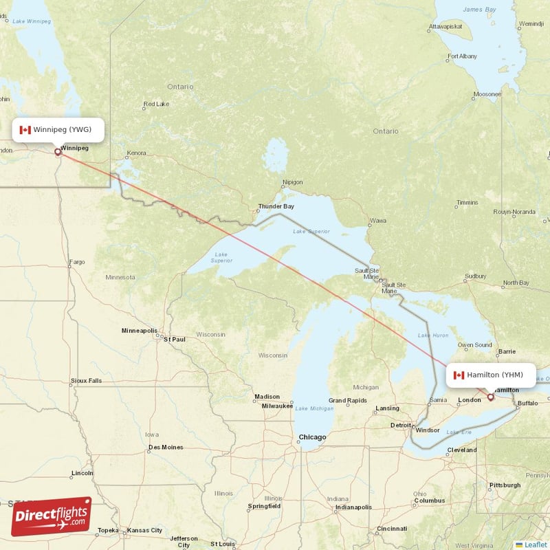YHM - YWG route map