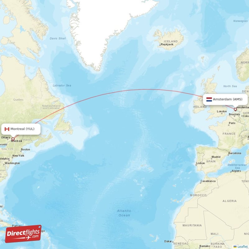 YUL - AMS route map
