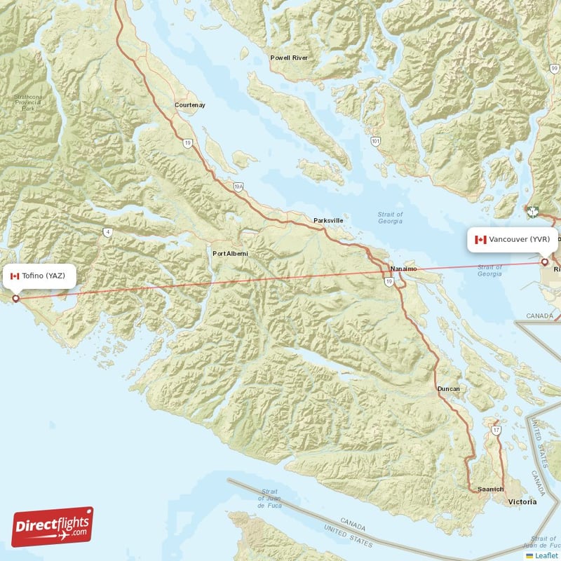 YVR - YAZ route map