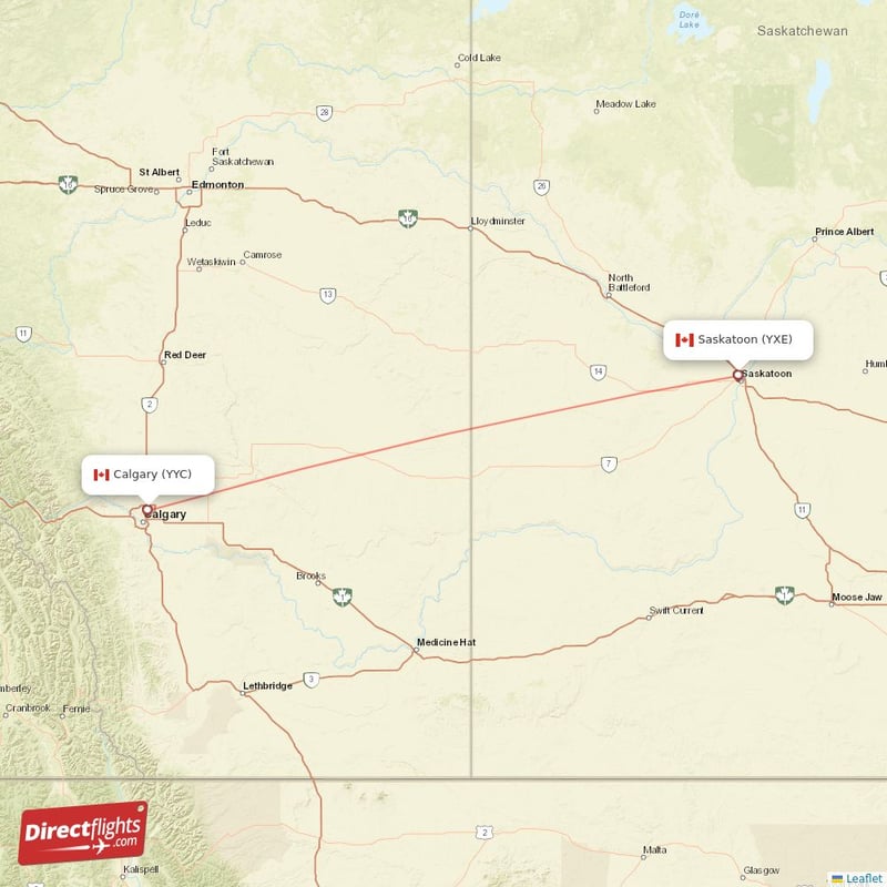 YYC - YXE route map