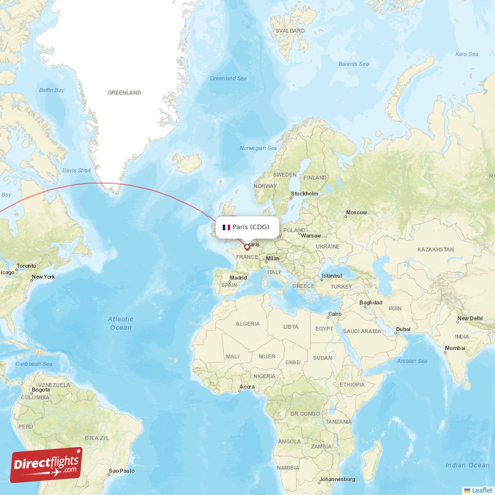 Paris - Los Angeles direct flight map