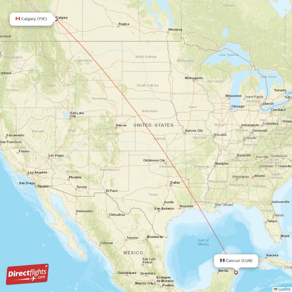 Cancun - Calgary direct flight map