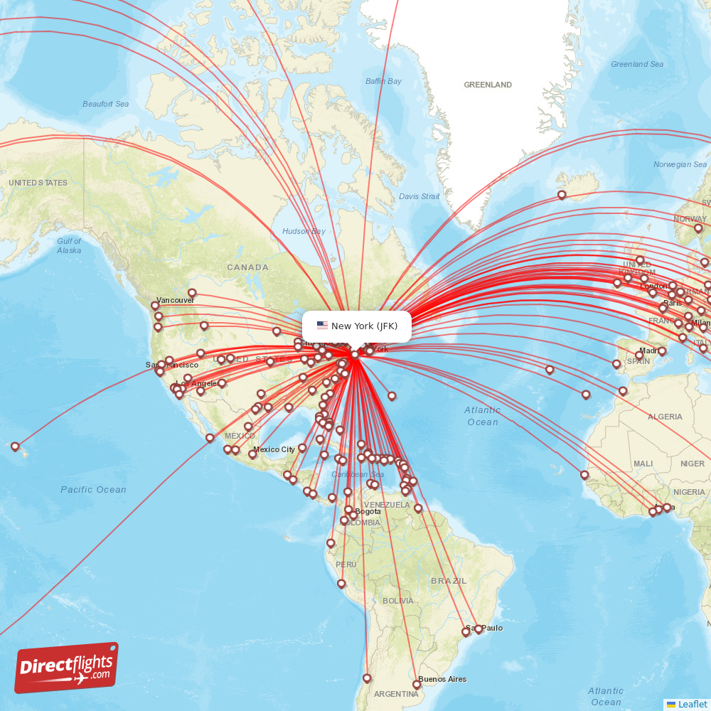 JFK routes and destination map