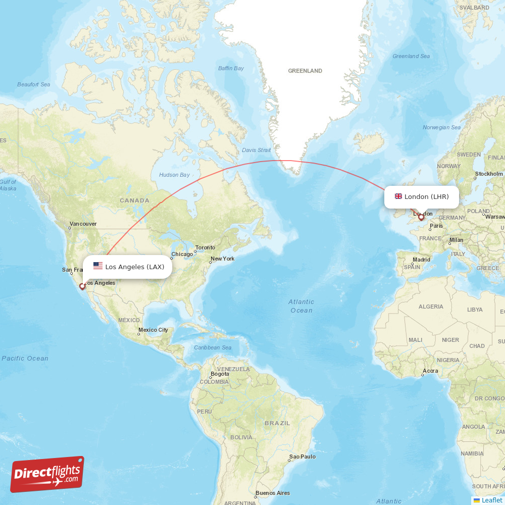 London - Los Angeles direct flight map