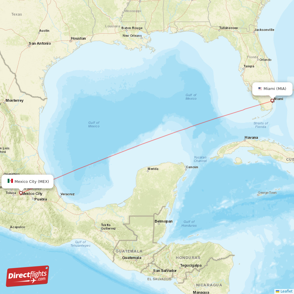 Mexico City - Miami direct flight map