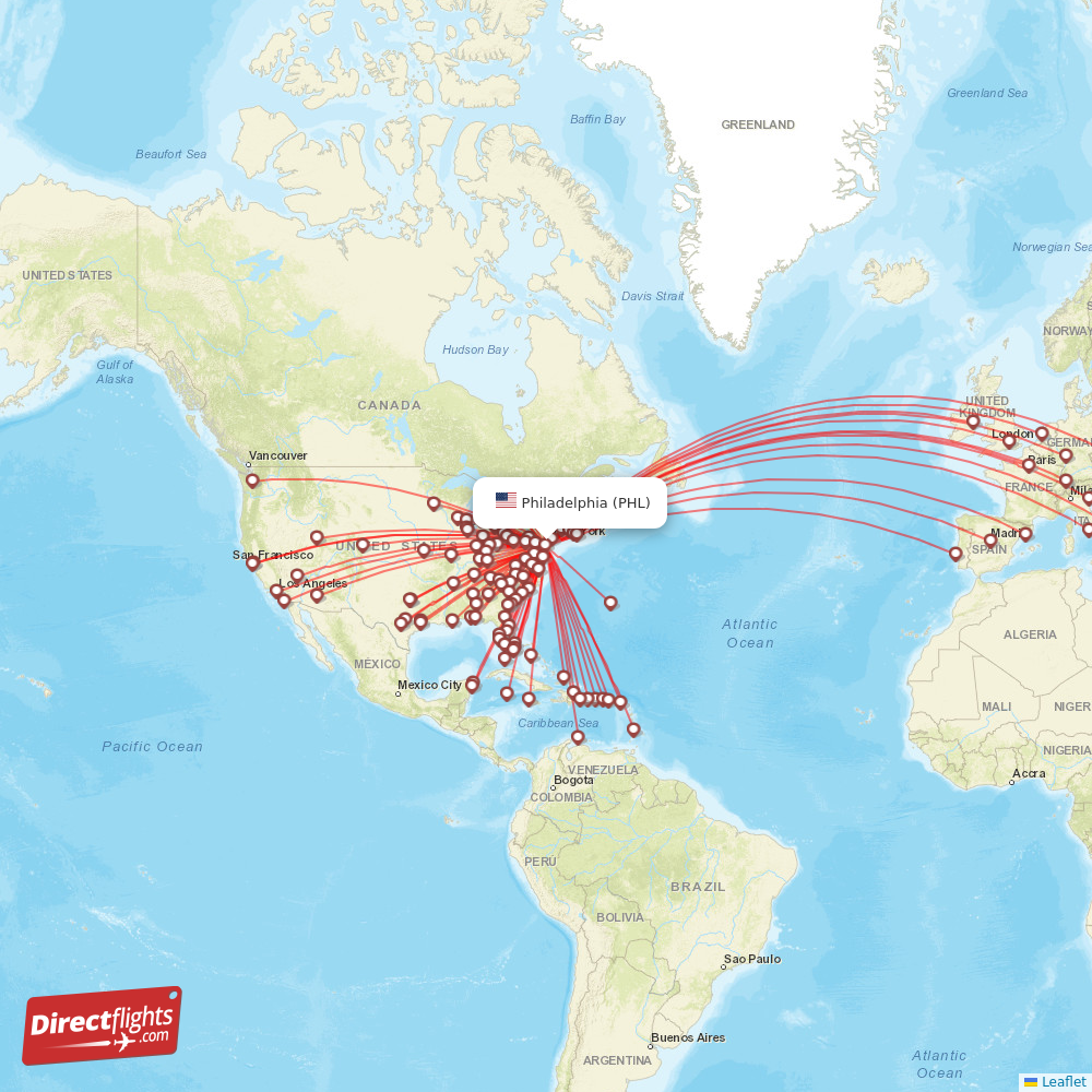 PHL routes and destination map