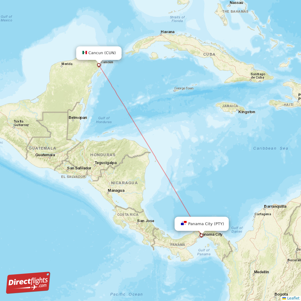 PTY - CUN route map