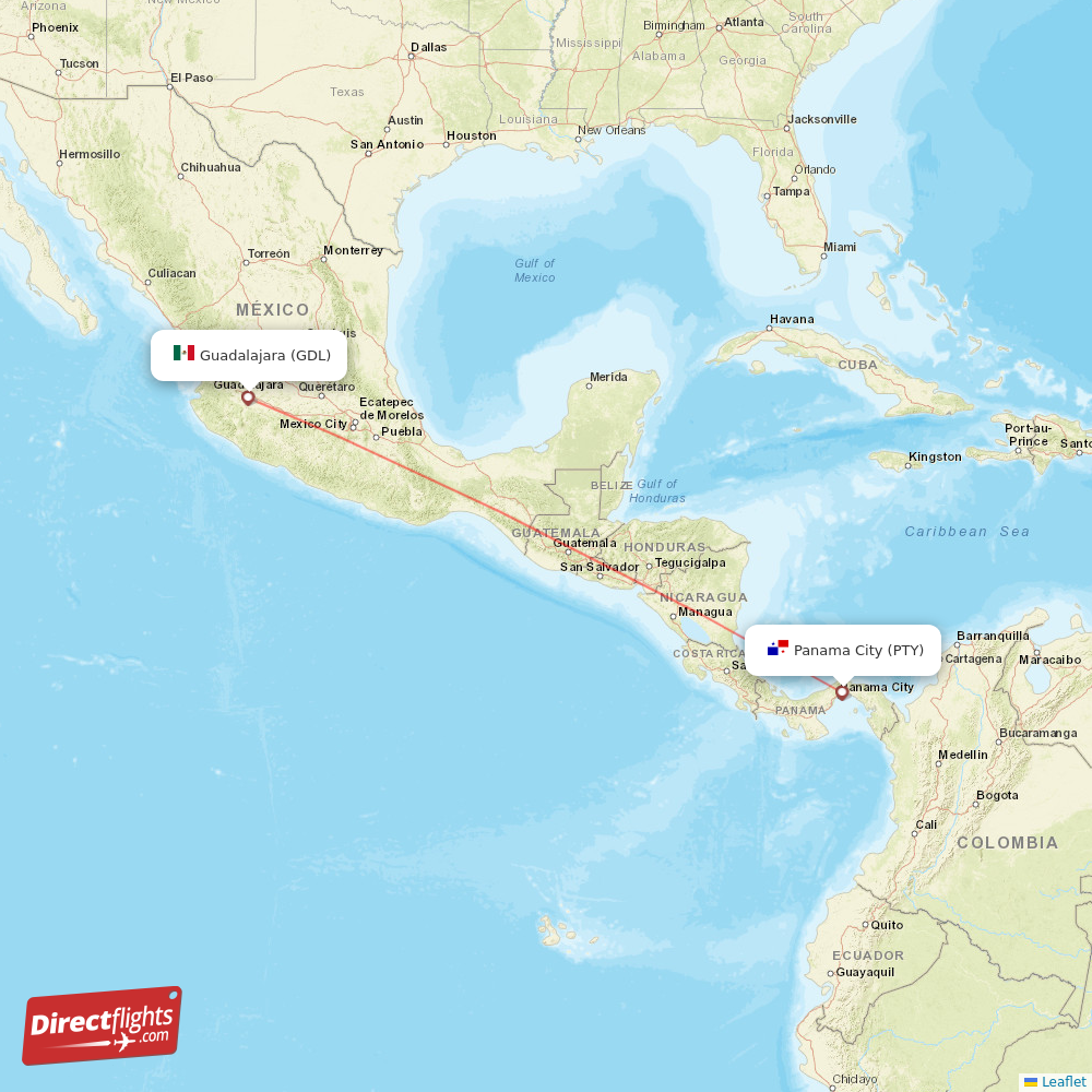 Panama City - Guadalajara direct flight map
