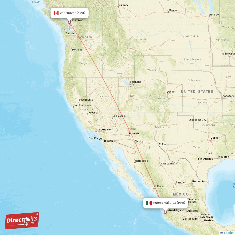 Puerto Vallarta - Vancouver direct flight map
