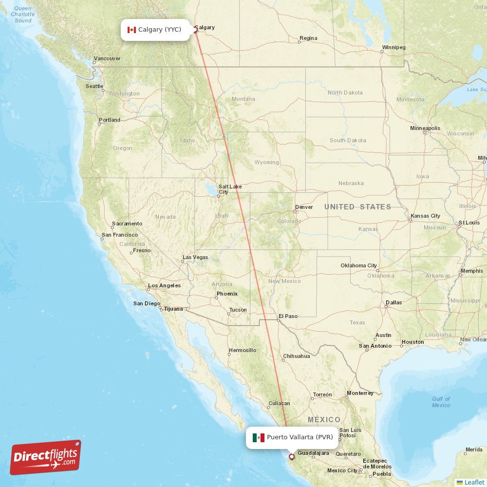 Puerto Vallarta - Calgary direct flight map
