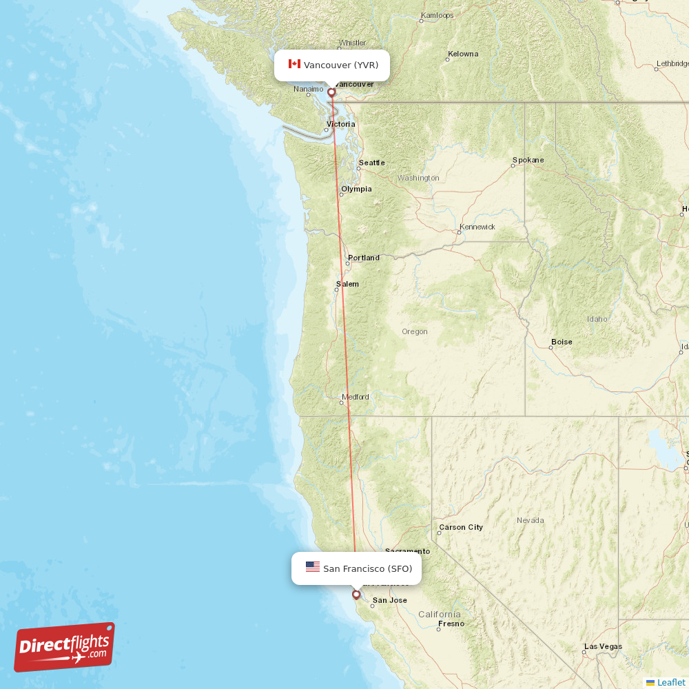 San Francisco - Vancouver direct flight map