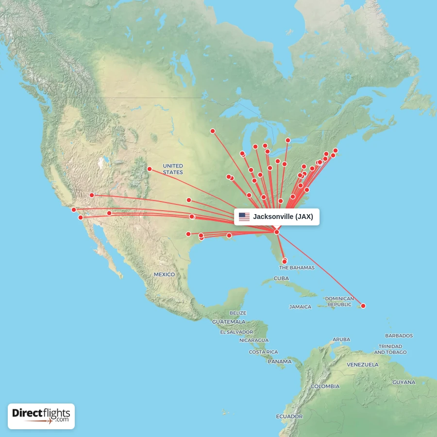 Jackson Direct Flight Map Direct flights from Jacksonville - 49 destinations - JAX, USA ...