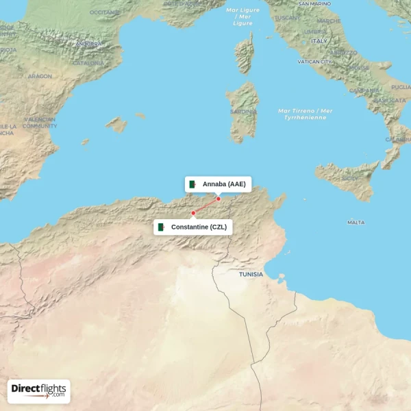 Annaba - Constantine direct flight map