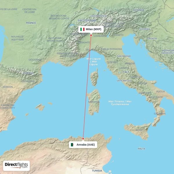 Annaba - Milan direct flight map