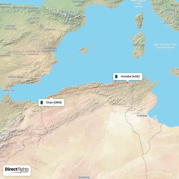 Annaba - Oran direct flight map
