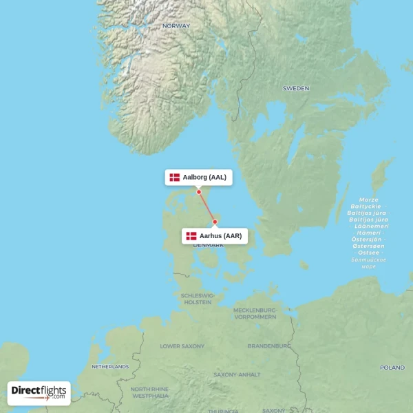Aalborg - Aarhus direct flight map
