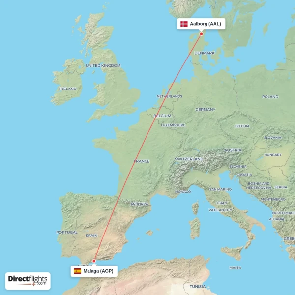 Aalborg - Malaga direct flight map