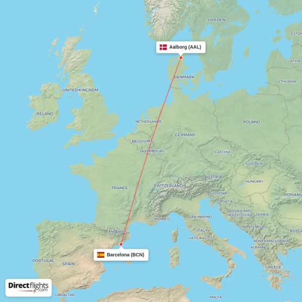 Aalborg - Barcelona direct flight map