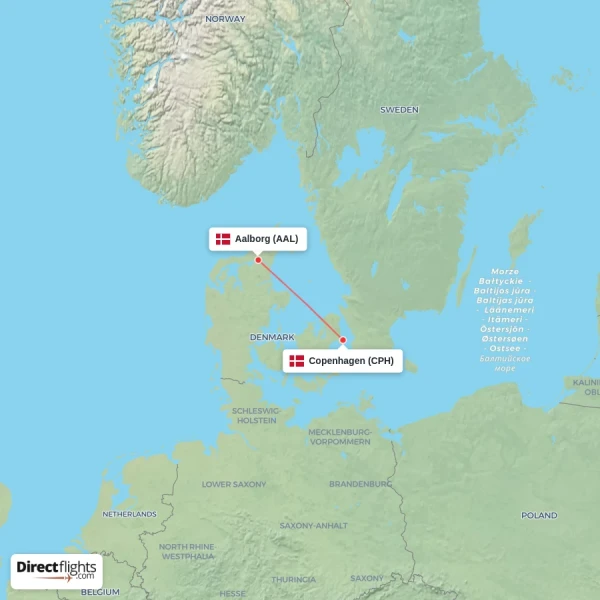 Aalborg - Copenhagen direct flight map