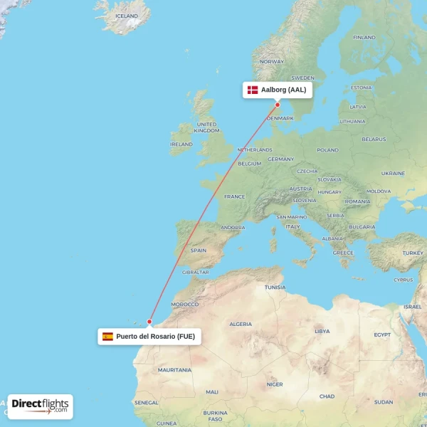 Aalborg - Puerto del Rosario direct flight map